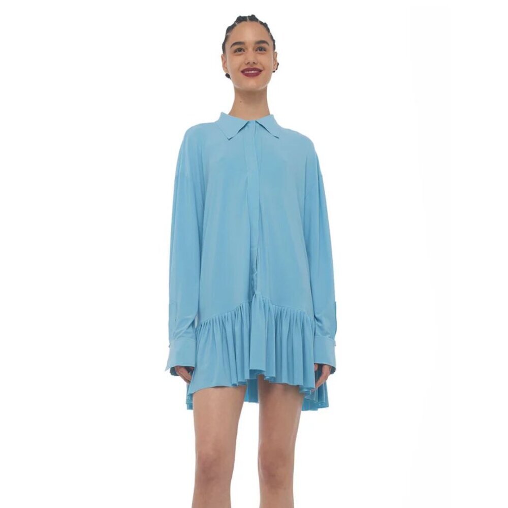 Norma Kamali Oversized Boyfriend Ruffle Shirt Dress Blue Size XS Mini Longsleeve